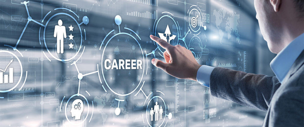 Career Inscription and people icons on virtual screen. Businessman pressing Career.