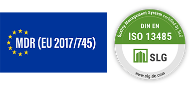 EU-MDR-Logo und SLG-ISO-13485-Zertifikatssiegel in Blau und Grün.