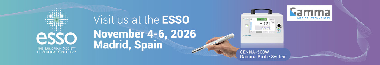 Banner mit ESSO-Logo, medizinischem Gerät und Info zu Veranstaltung in Madrid in Blautönen