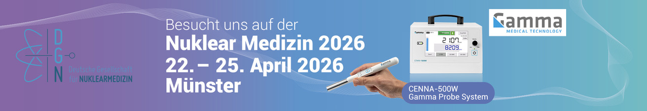 Blaues Werbebanner mit medizinischem Gerät in Weiß und einer Hand mit Kugelsonde