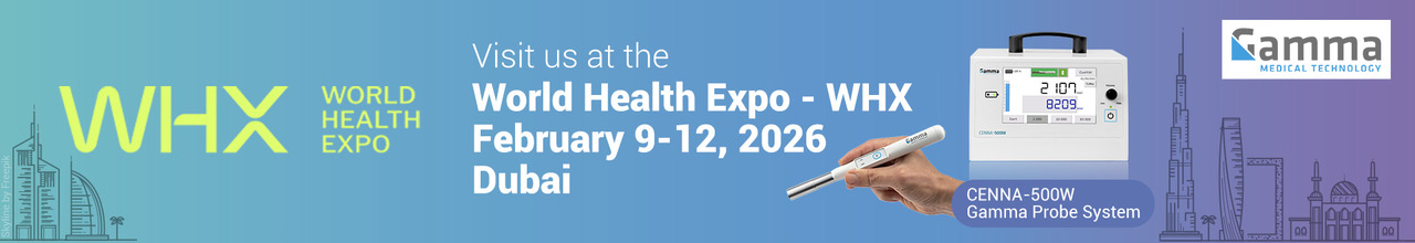 Banner mit WHX World Health Expo Logo, Veranstaltungsdaten und einem medizinischen Gerät in Weiß